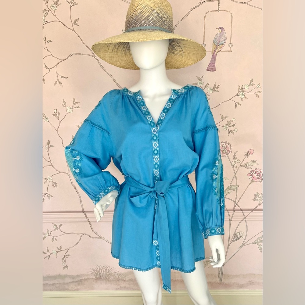 MELISSA ODABASH bright turquoise blue embroidered beach dress w/belt size Medium